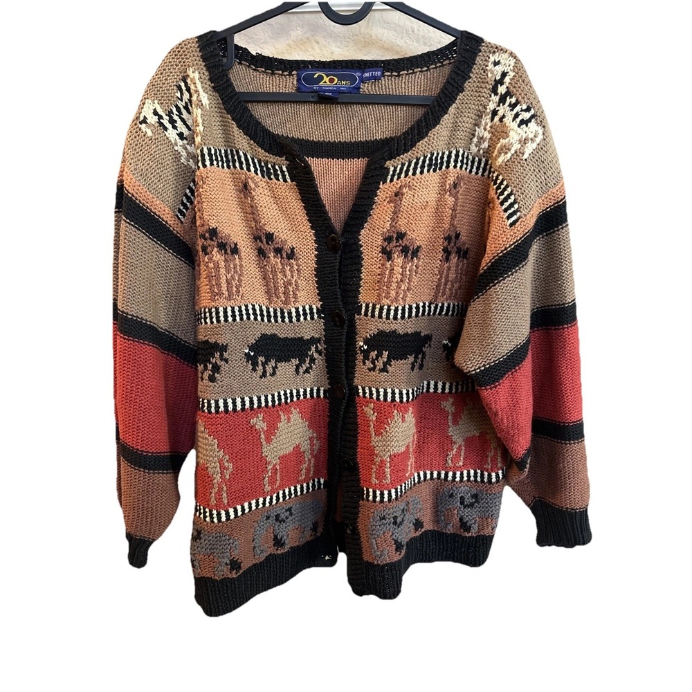 Vintage "20 Ans Marie Kim" Hand Knitted African Animals Granny Sweater Size M